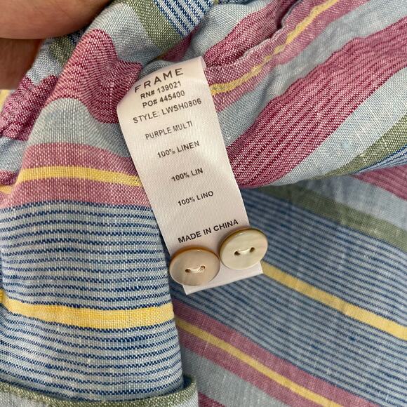 FRAME Striped Linen Button Down Short Sleeve Shirt (M) Pink Blue - Picture 5 of 6